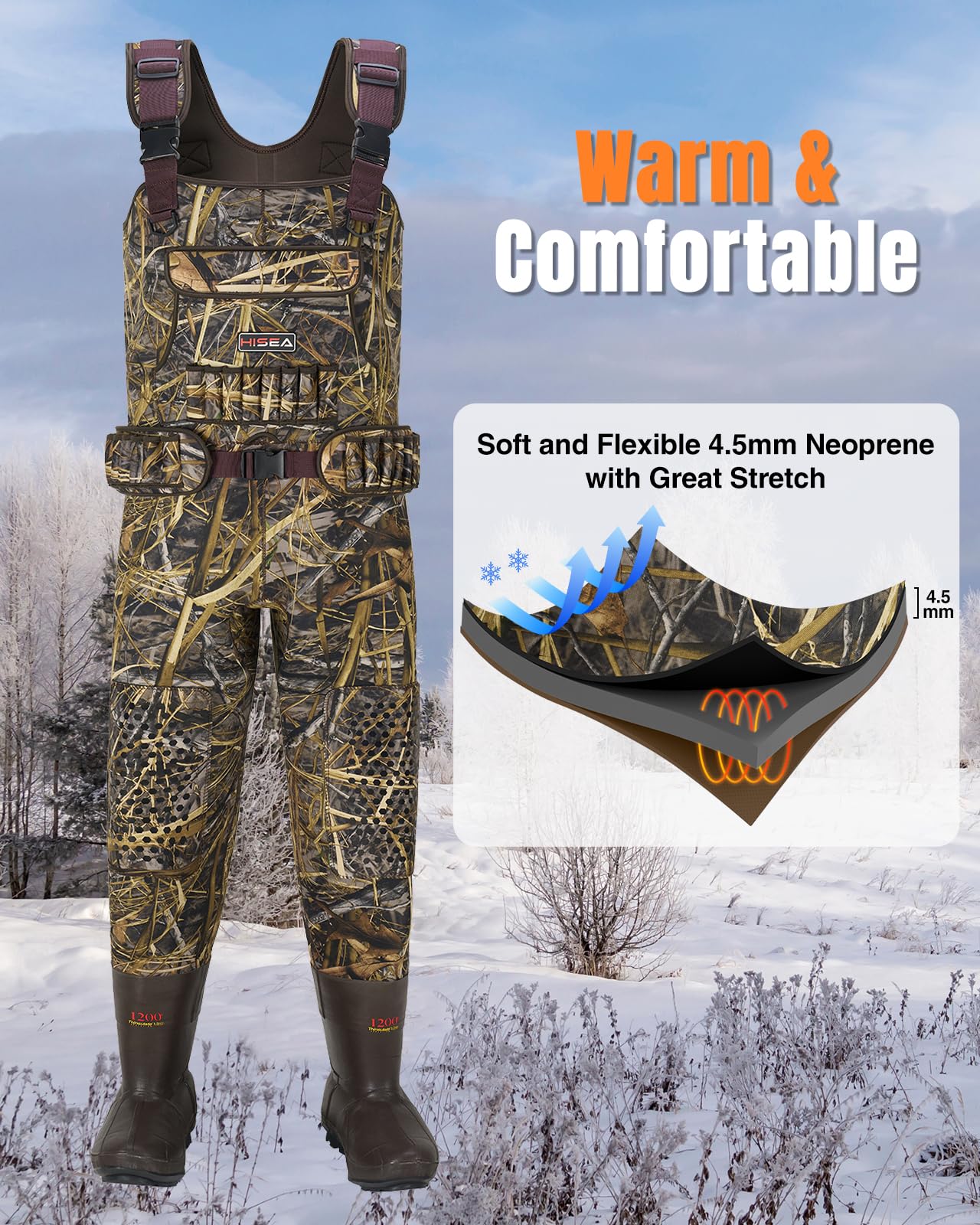HISEA Hunting Waders for Men with 1200G Insulated Boots, Neoprene Waterproof Chest Wader, Bootfoot Fishing Waders