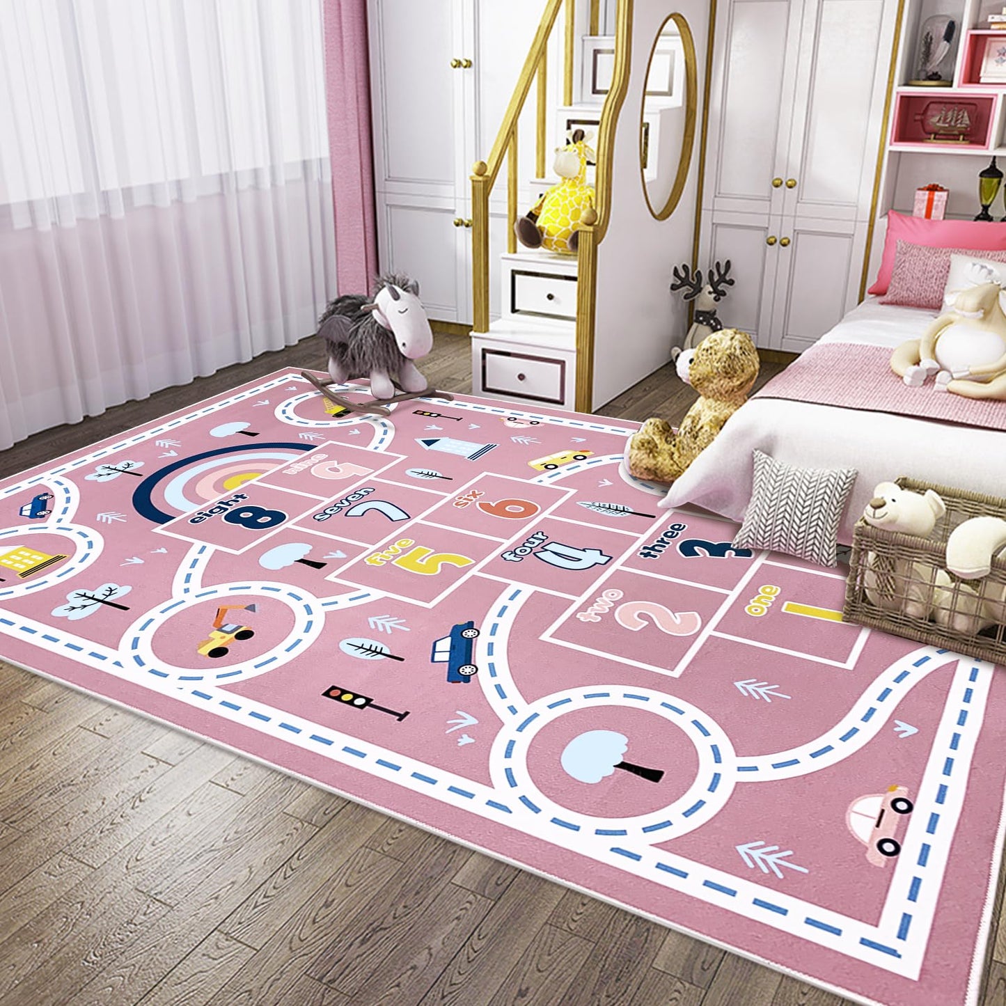 Abeigoi Play Mat Area Rug 5'x8' Pink, Extra Large Hopscotch Carpet for Kids Girls Bedroom Soft Classroom Rug Educational Learning Rug Children Rug