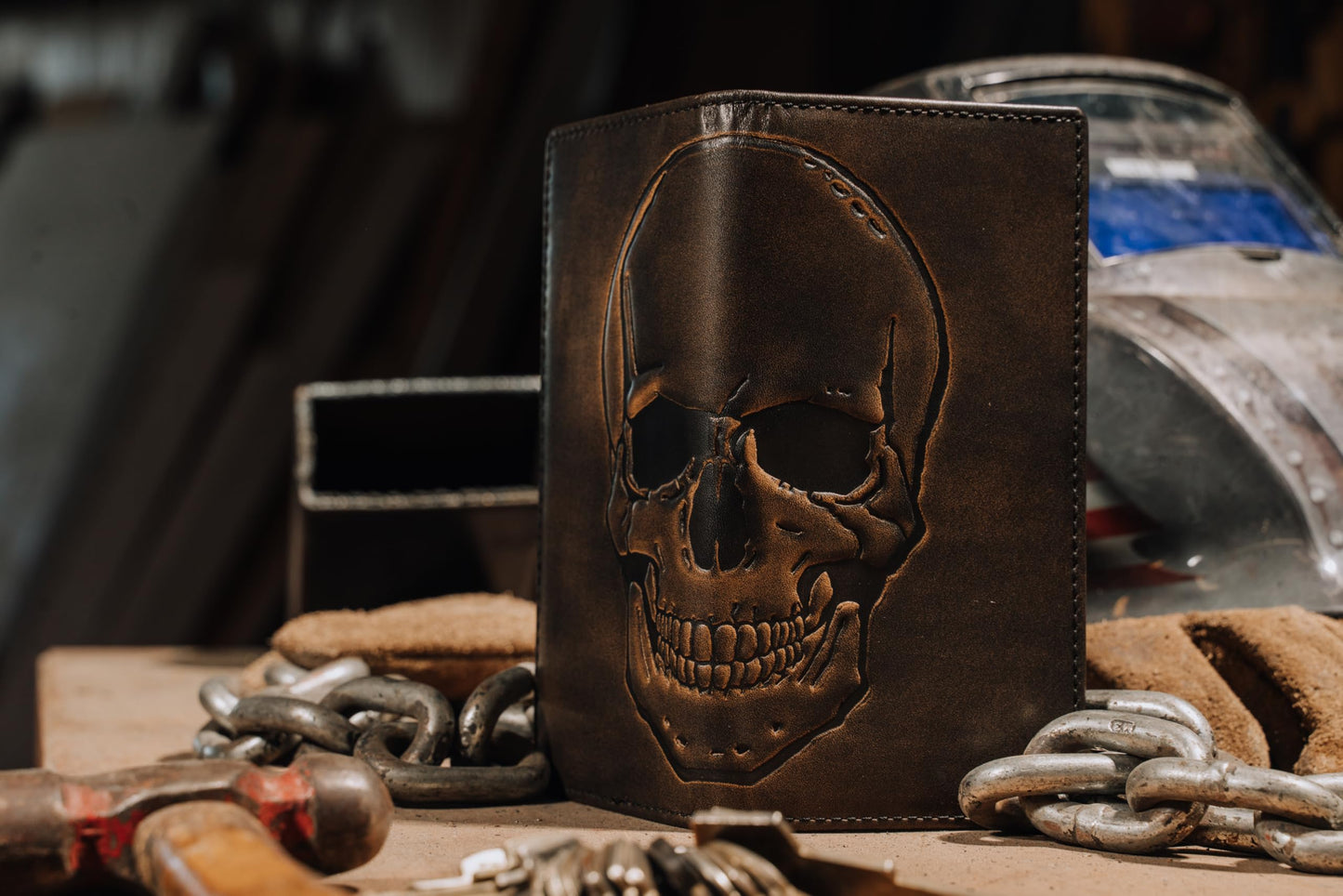 House of Jack Co. Skull Long Bifold Wallet for Men, Full Grain Cowhide Leather Biker Wallet, Rodeo Wallet, Black