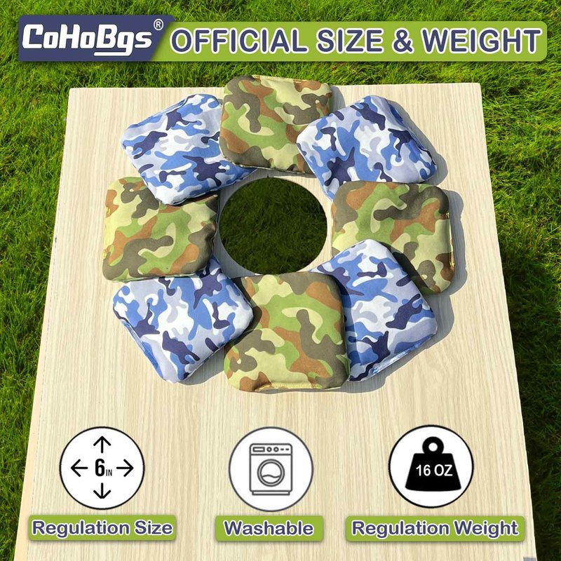 CoHoBgs Cornhole Bags Set of 8, Professional Corn Hole Bean Bags Dual-Sided Slick & Stick Resin Filled Suede and Duck Canvas Offical Bean Bag for Cornhole Toss Game Includes Carry Case