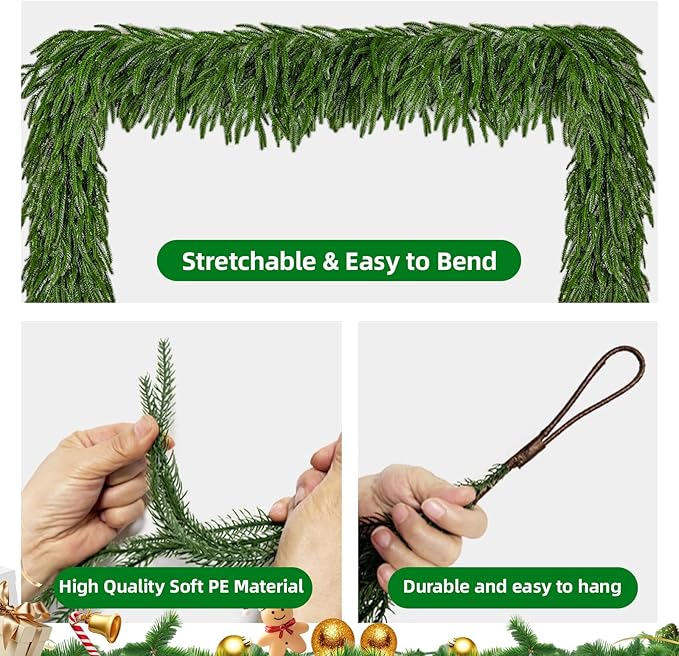 9 Ft 2 Pcs Norfolk Pine Christmas Garland - Artificial Faux Pine Needles Real Touch Winter Garland - Indoor/Outdoor Holiday Greenery Garlands for Fireplace Mantle, Staircase, Window Decor