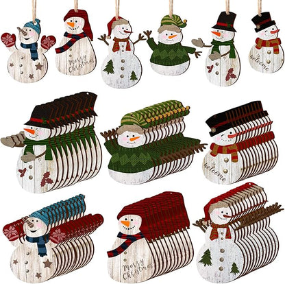 Weysat Snowman Christmas Tree Ornaments Decorations Christmas Tree Wooden Hanging Ornaments Winter Snowman Hanging Ornament with Lanyard for Xmas Holiday Party Favor Supplies(72 Pcs)