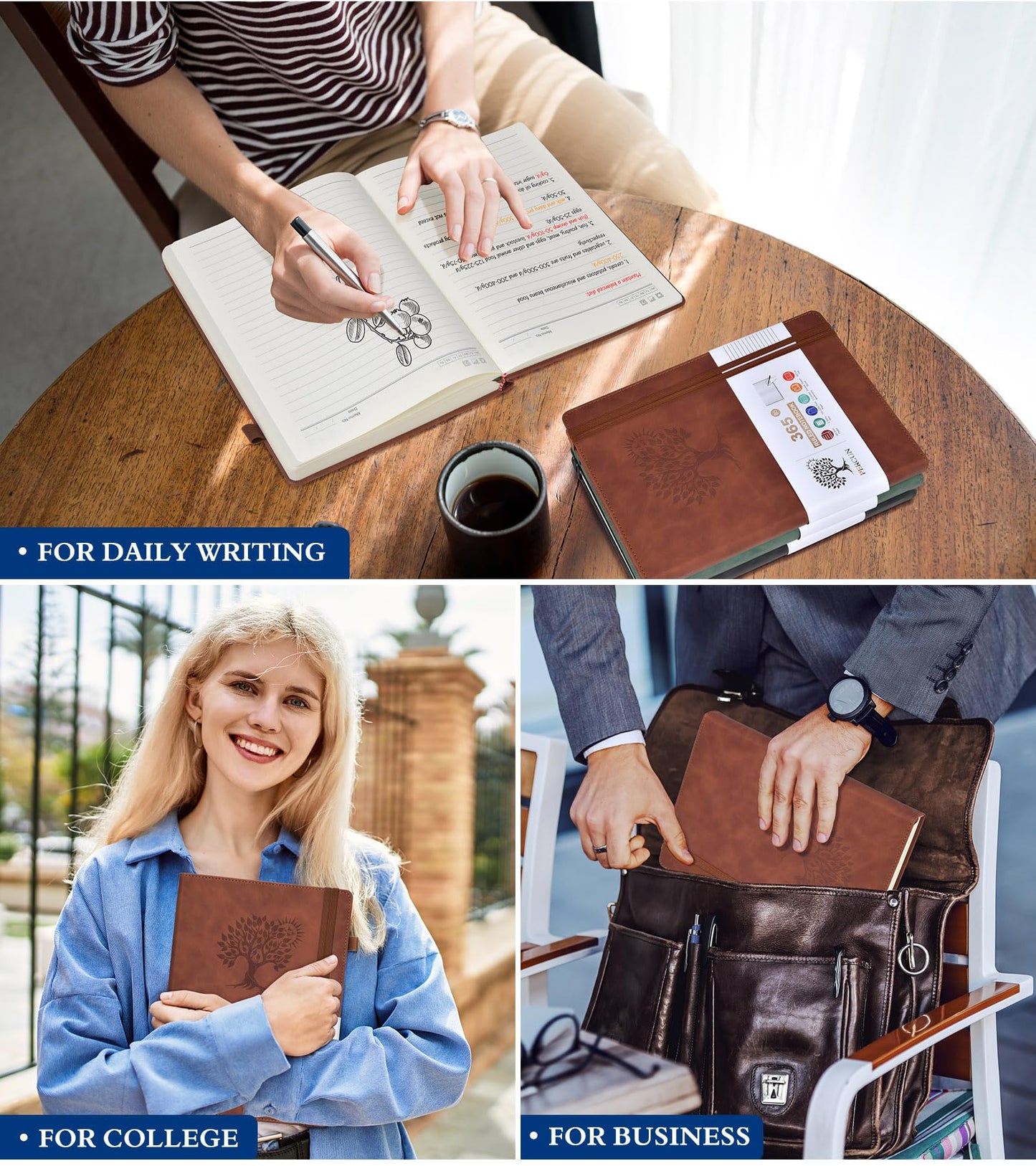 PERCUN A4 Lined Journal Notebook，365 Page Large Leather Journals for Writing Women Men，Hardcover Notebook with 100Gsm Thick Pages for Travel，Work，School，College Ruled, Daily Diary (8.5" x 11.4")