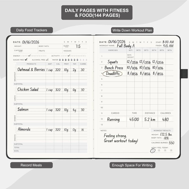 Workout and Food Journal - Fitness Tracker & Exercise Log Book | A5 Size, Leather Hardcover (Black)