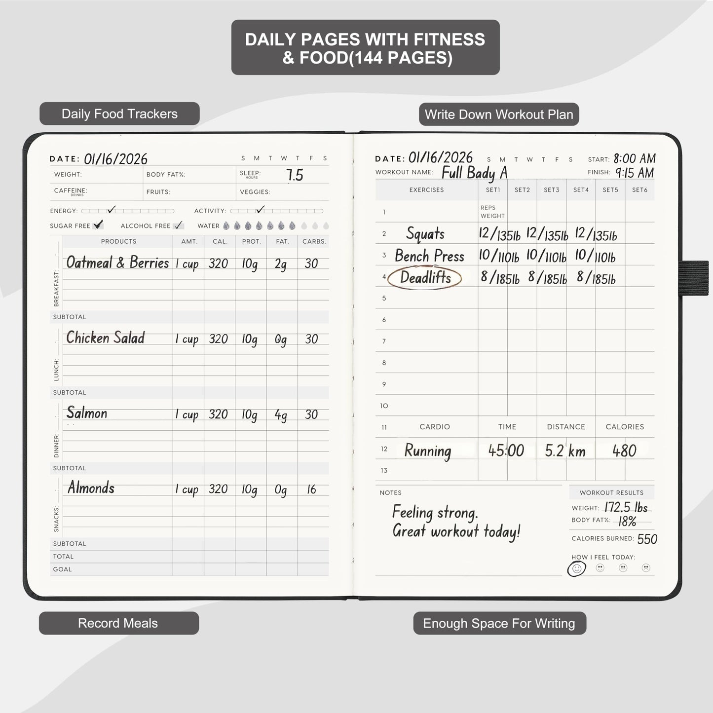 &And Per Se Workout and Food Journal – Fitness Journal with Daily Diet Tracker & Gym Exercise Log Book for Men & Women – Undated, A5 Size, Leather Hardcover (Black)