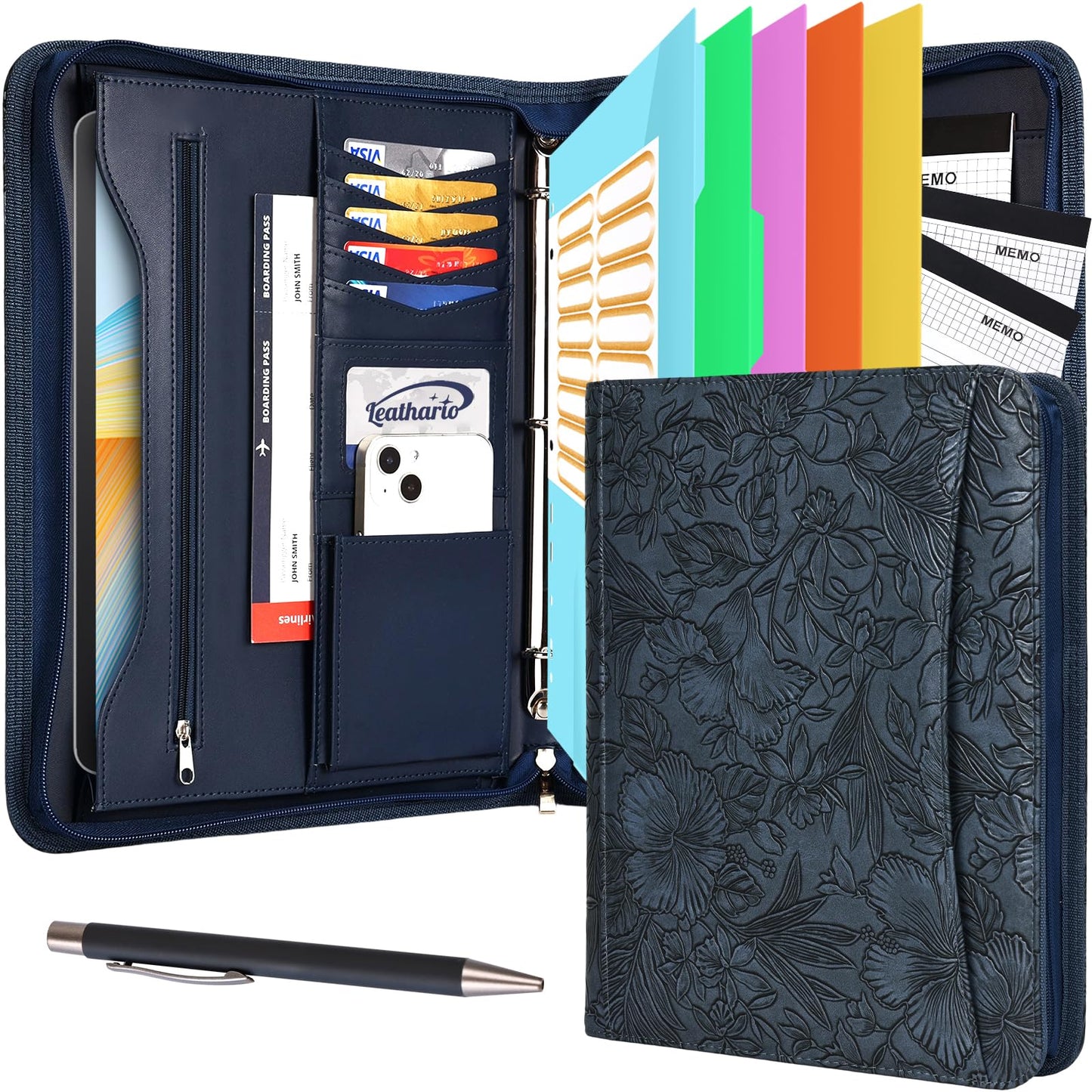 Leathario Portfolio Binder, Includes 5 Folder Index Dividers and 3 Notepads, 3-Ring Folder Organizer, Padfolio with Zipper, Vegan Leather Tablet Sleeve, Business Office Conference Clipboards