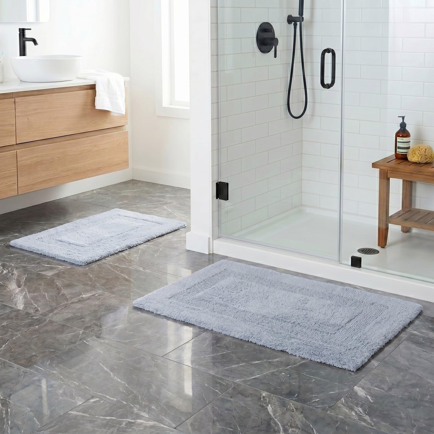 Cotton Bath Mat Set- 2 Piece 100 Percent Cotton Mats- Reversible, Soft, Absorbent and Machine Washable Bathroom Rugs By Lavish Home (Silver)