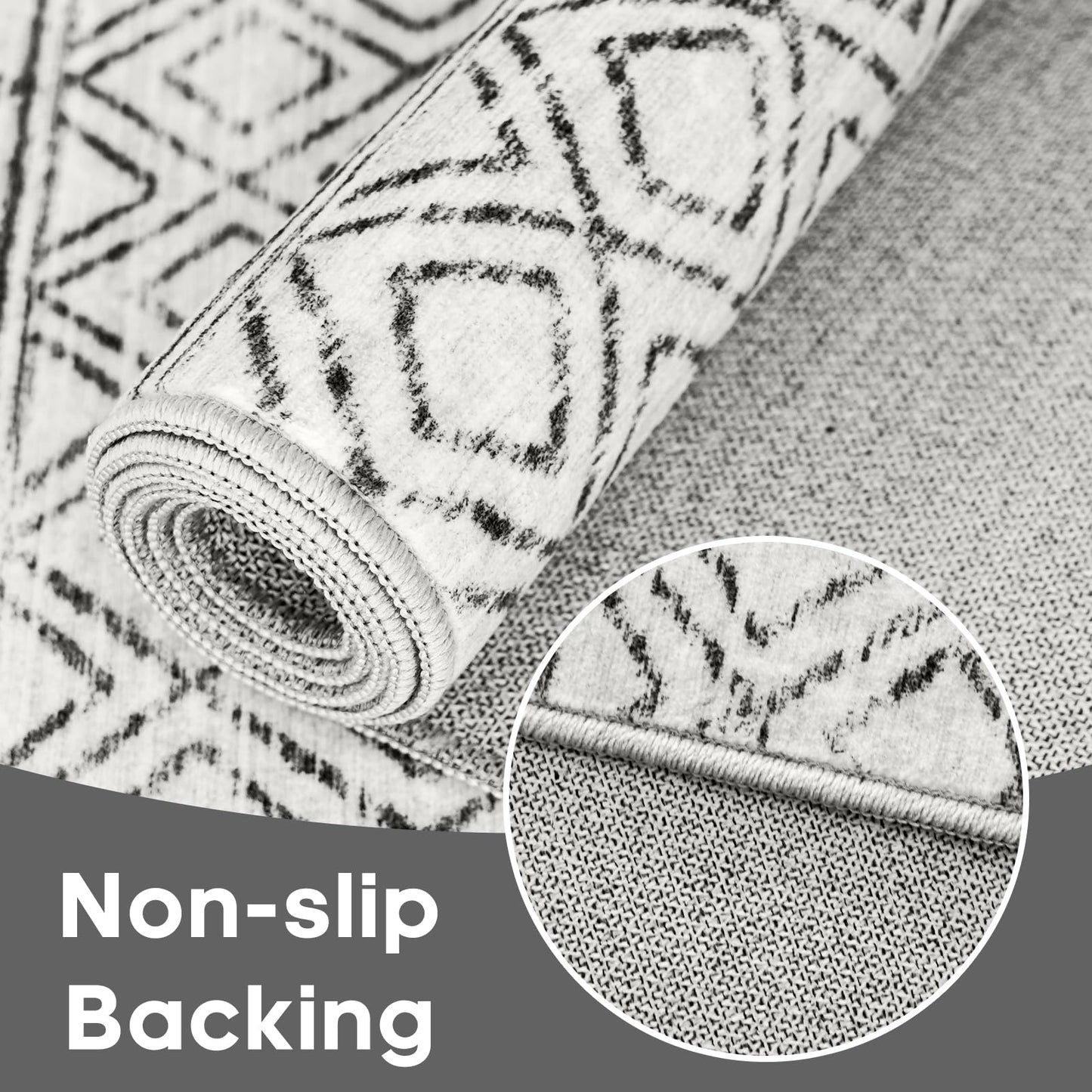 BYYVOO Washable 5x5 Rug Square Moroccan: Non-Slip Soft Indoor Throw Large Carpet - Low Pile Farmhouse Floor Mat for Living Room Bedroom Dining Room - Rugs for Young Families Home 5x5 Geo Grey