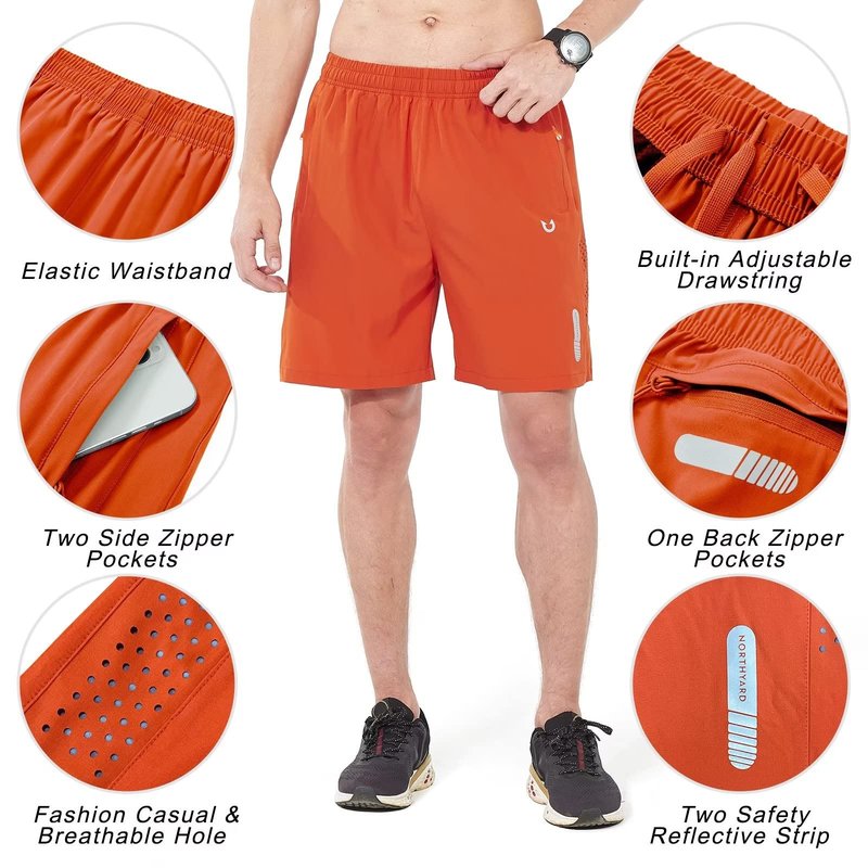 NORTHYARD Men's Athletic Running Shorts Gym Workout 7"/9"/5" Quick Dry Lightweight Sports Basketball Tennis 3 Zipper Pockets Orange 3XL