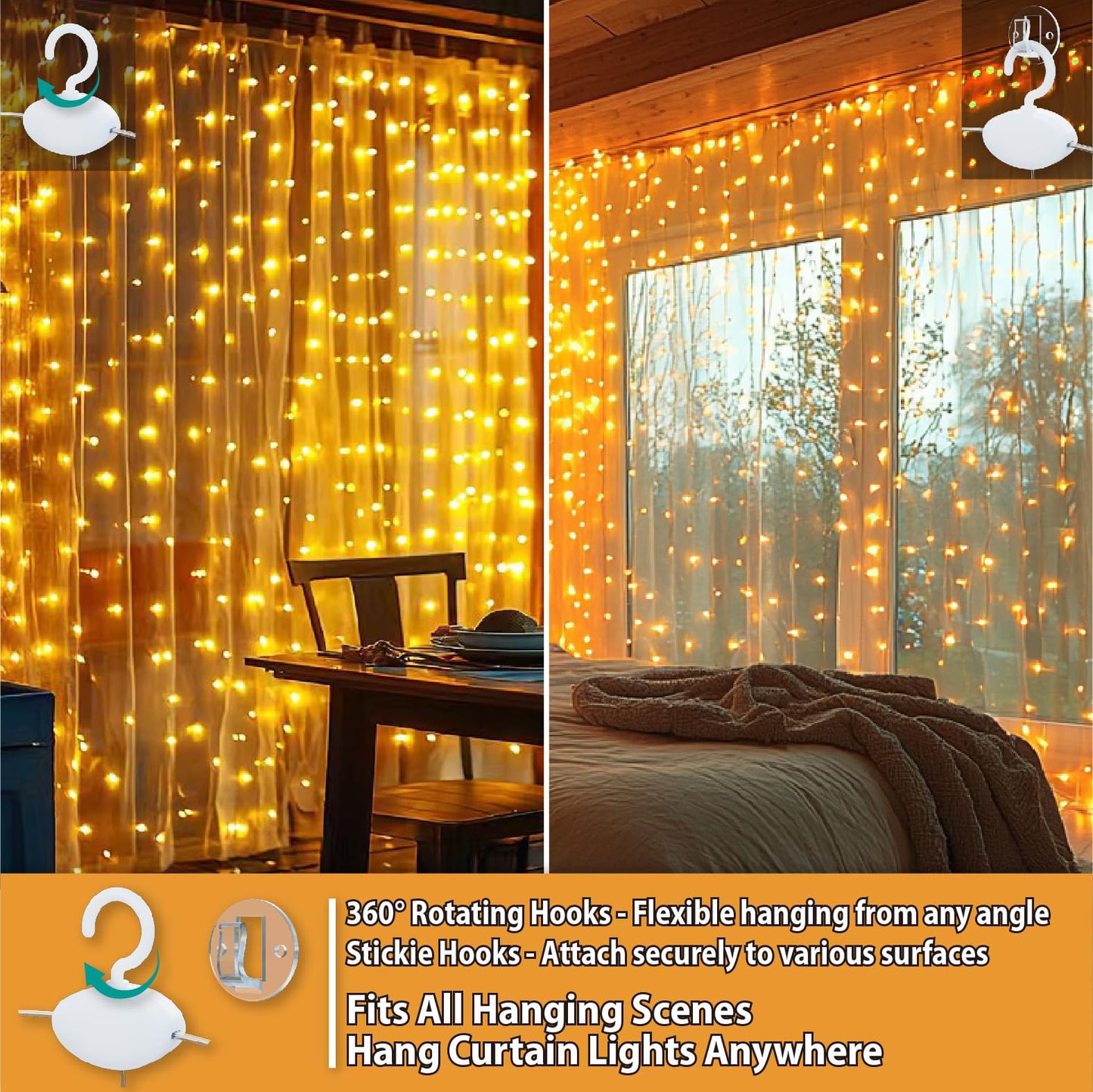 HXWEIYE 300LED Fairy Curtain Lights, 9.8x9.8Ft USB Plug-in 8 Modes Christmas String Hanging Lights with Remote for Bedroom Backdrop Wedding Indoor Wall Decor, Warm White, Standard – 2 Pack