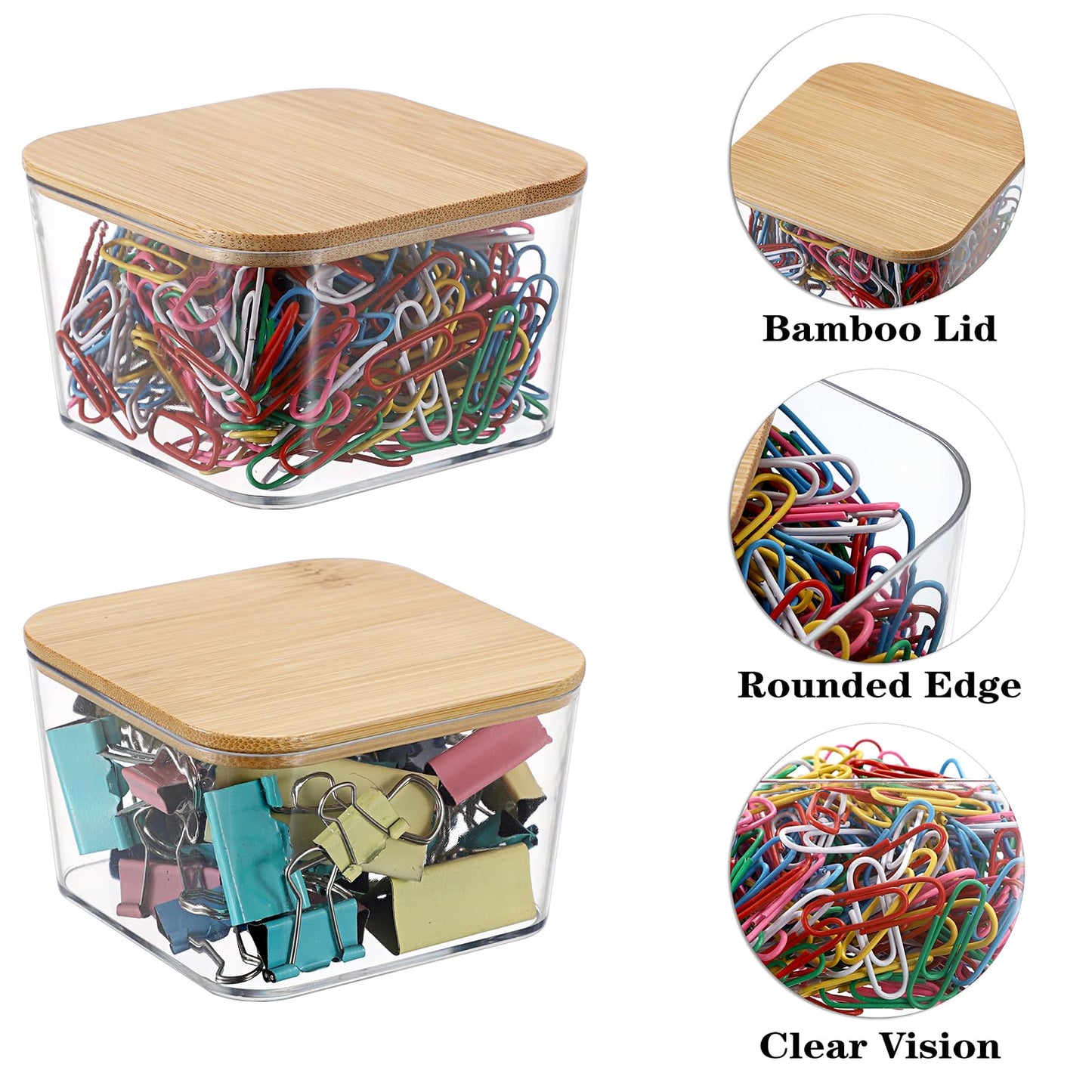 BTSKY 2 Pack Clear Stackable Paper Clip Holder with Bamboo Lid Paperclip Box Plastic Cute Office Supply Accessory Organizer Square Small Storage Holder Cute Qtip Holder for Office Bathroom Vanity
