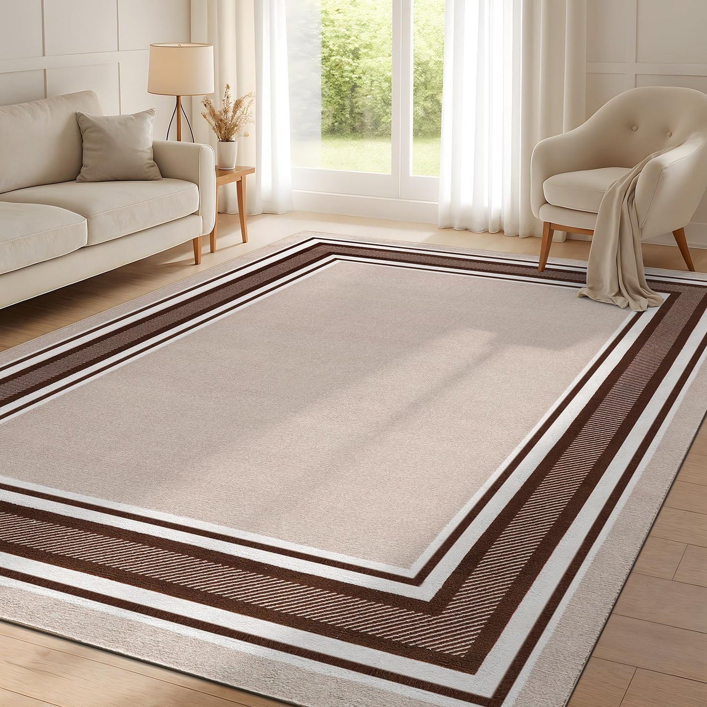 Beverly Rug Non Slip Area Rugs 3x5 Modern Bordered Non Skid Rubber Backing Soft Area Rug for Living Dining Room Easy to Clean Non Shedding Kitchen Bedroom Indoor Carpet 3 x 5 Beige-Brown