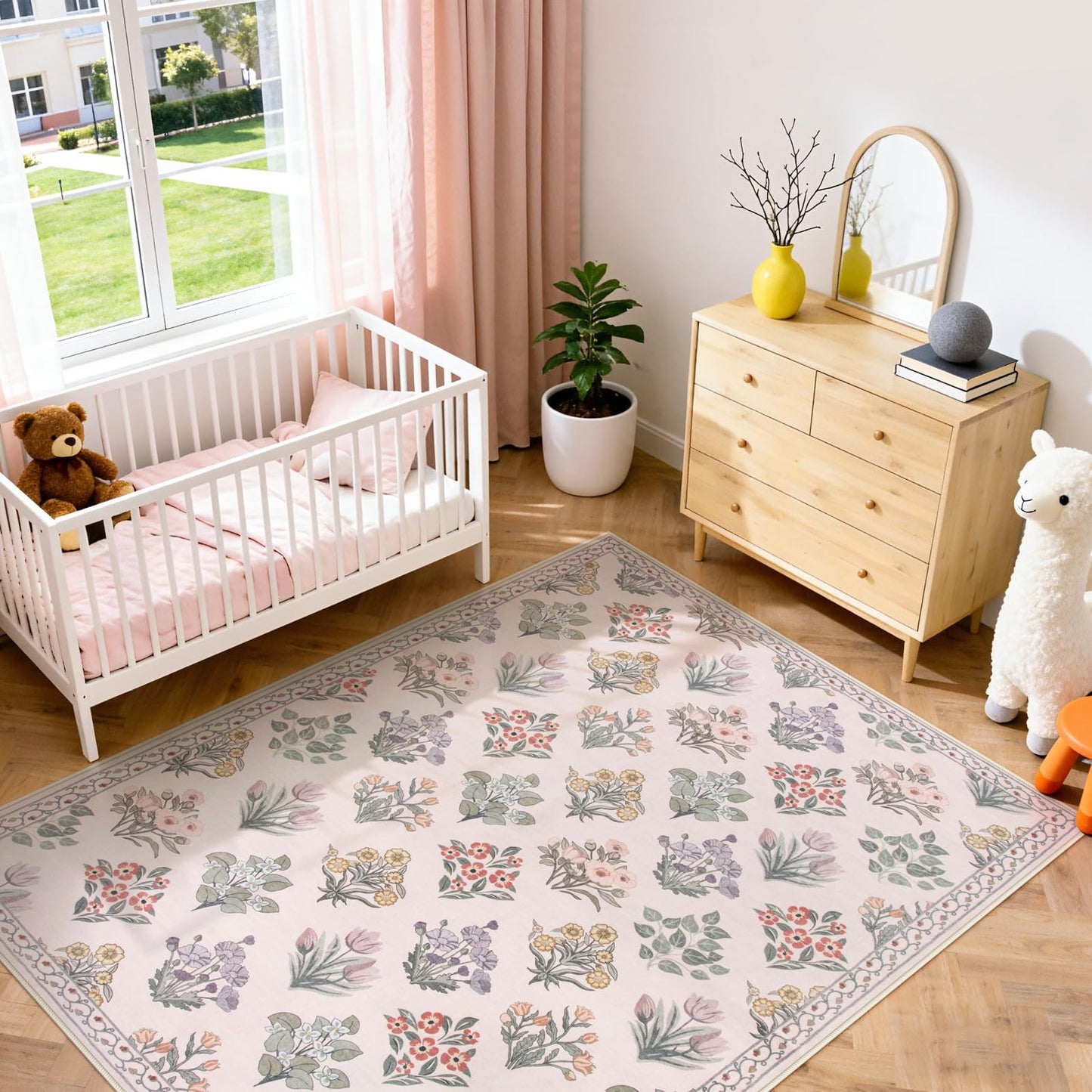 Wonnitar Pink Rugs for Bedroom Girls Nursery, Floral Print 5x7 Washable Rug, Boho Ultra-Thin Non Slip Soft Cozy Carpet for Room Decor Kids Playroom Office Living Room, Pale Pink