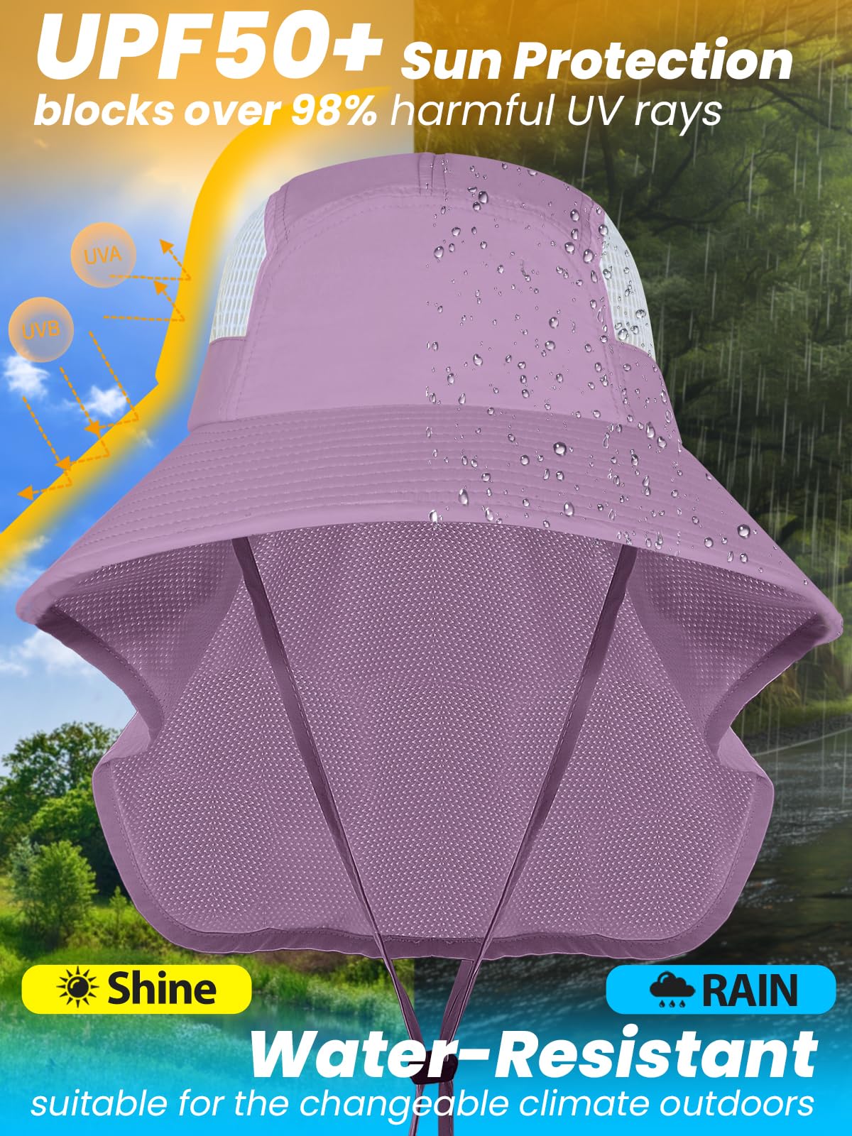 Sun Hats for Women UV Protection Wide Brim Beach Hats with Ponytail Hole with Neck Flap Waterproof for Hiking Fishing Gardening Travel Dark Purple
