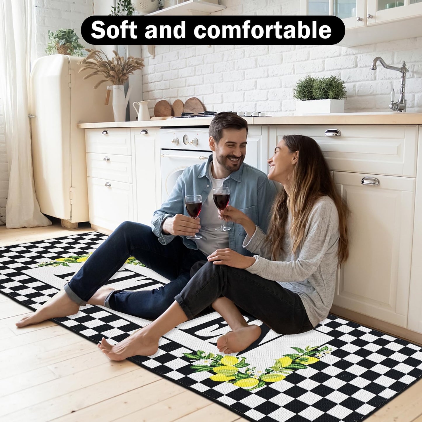 PCSWEET HOME Black and White Checkered Kitchen Rugs Washable Non Slip Lemon Kitchen Rugs Set of 3 Checkered Door Mat Indoor