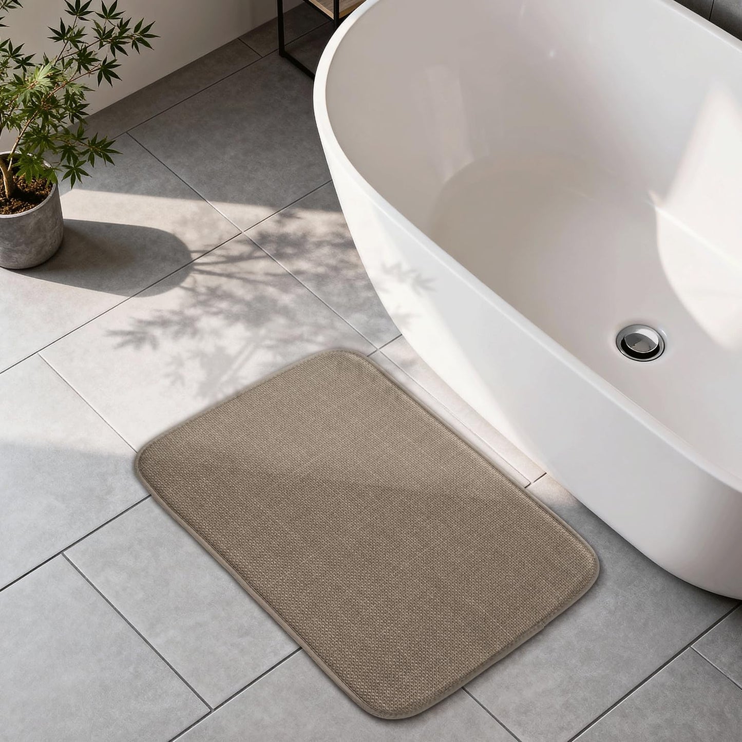 AREDO Thick Memory Foam Bathroom Mat, Soft Absorbent Polyester Bath Rug Quick Dry, Non Slip Shower Floor Rugs with Rubber Backing, Machine Washable (Camel, 24" x 16")