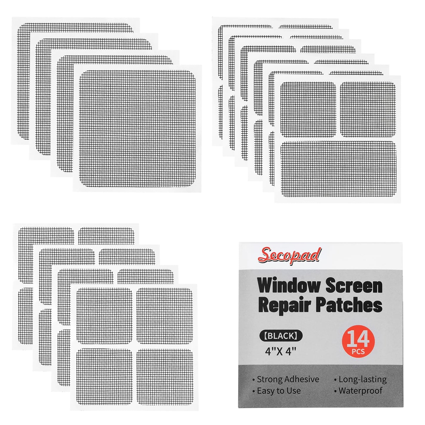 Secopad 14 Sheets Window Screen Patches Repair Kit, Black 3 Sizes Window Screen Repair Kit for Mesh Screen Door, Strong Adhesive Fiberglass Quick Screen Repair Tape