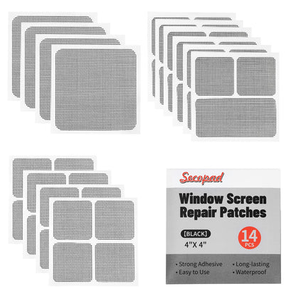 Secopad 14 Sheets Window Screen Patches Repair Kit, Black 3 Sizes Window Screen Repair Kit for Mesh Screen Door, Strong Adhesive Fiberglass Quick Screen Repair Tape