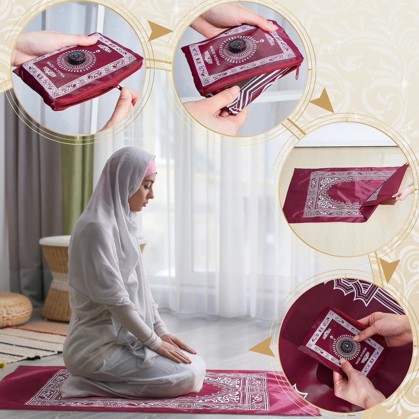 Mindsoft 4 Pcs Portable Travel Prayer Mat with Compass Islamic Waterproof Polyester Praying Rug with Pocket Sized Carry Bag for Muslim Ramada Eid Gifts (60 cm x 100 Cm)