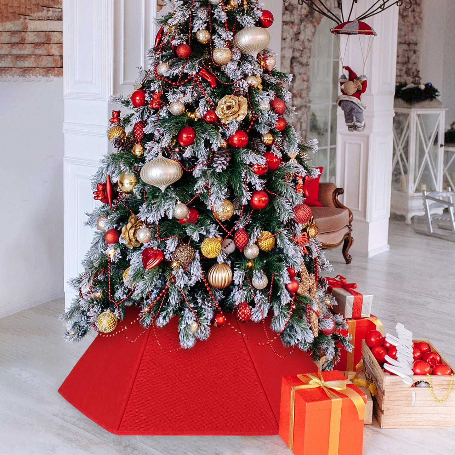 Christmas Tree Collar Red Hexagon Folable Christmas Ring Tree Skirt for Artificial Trees Base Stand Cover Xmas Trees Decoration