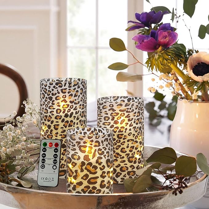 Flickering Flameless Candles Leopard Print Embedded Star String Lights, Battery Operated Acrylic LED Pillar Candles with 11-Key Remote and Timer for Home Decoration, 3 Pack