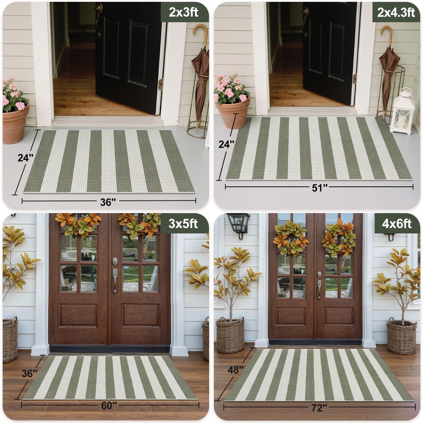 OJIA Striped Rug 24"x51" Washable Front Door Mat Outdoor Doormat Woven Entry Rug Cotton Indoor Outdoor Rug Small Checkered Rugs for Porch Kitchen Entryway Patio Bathroom (Green/White/Tan)