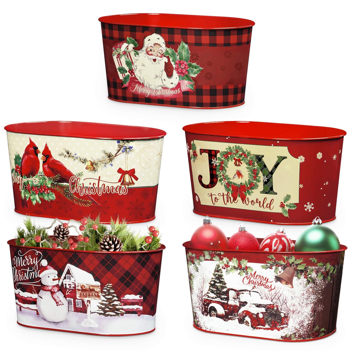 Putuo Decor Christmas Theme Metal Buckets, Christmas Decorations Garden Planter Pots, Galvanized Small Bucket Pails for Party Home Table Centerpieces Storage Decor