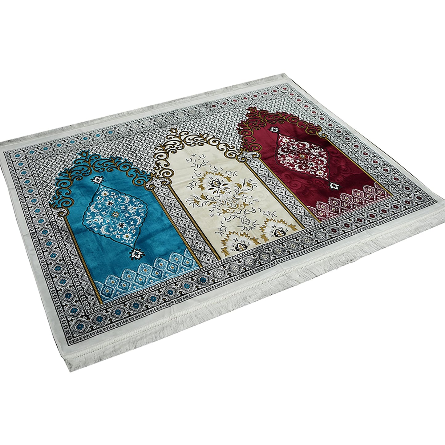 Modefa Turkish Islamic Prayer Rug - Wide Plush Velvet Mat - Multi Person Muslim Janamaz for Family - Large Gathering & Group Sajada Carpet - Floral Arch - 3 Person (17-11)