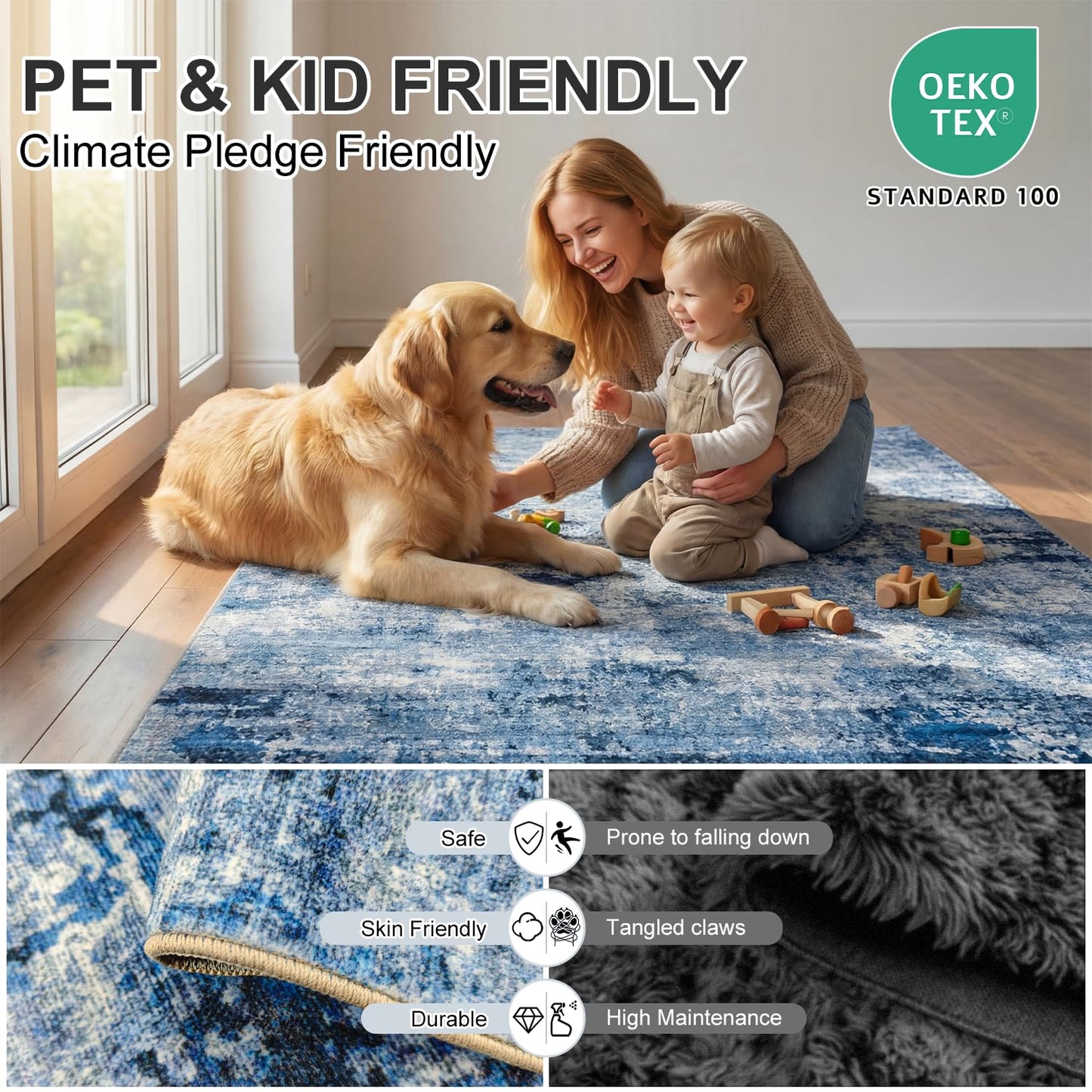 Cnythlis 8'x10' Washable Area Rugs for Living Room Bedroom, Pet Friendly Non Slip Low Pile Rug for Hardwood Floors High Traffic Areas, Modern Abstract Stain Resistant Carpet, Blue