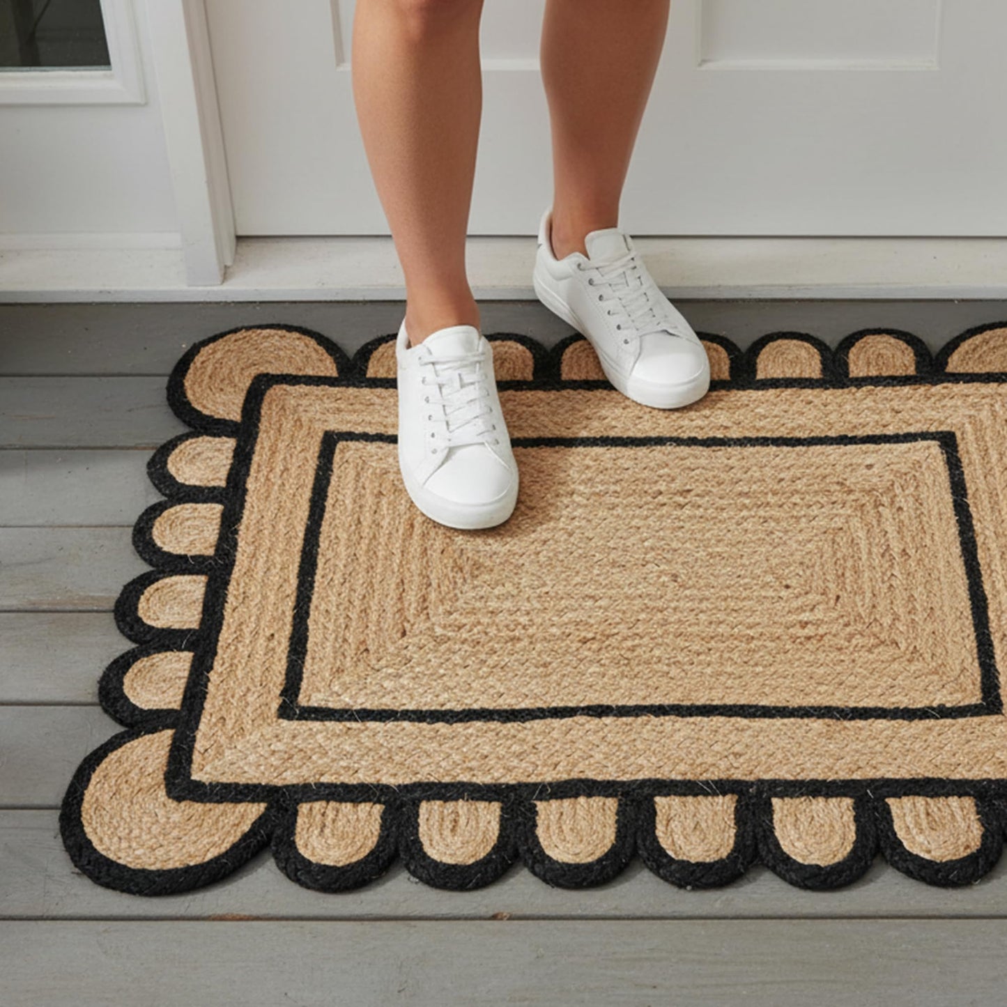 Braided Scalloped Jute Rug Natural with Black Trim, Handmade Farmhouse Boho Area Rug for Entryway, Kitchen, Hallway, Living Room, Bedroom, Rustic Woven Floor Rug - (Black- 2X3 ft)