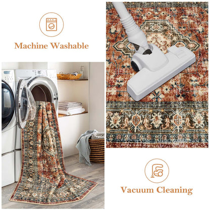 Lahome Oriental Washable Small Area Rug, 2x3 Rugs for Entryway Kitchen, Ultra-Thin Soft Indoor Door Mat Non Slip Throw Carpet for Bedroom Bathroom Eleanor, Brick Red