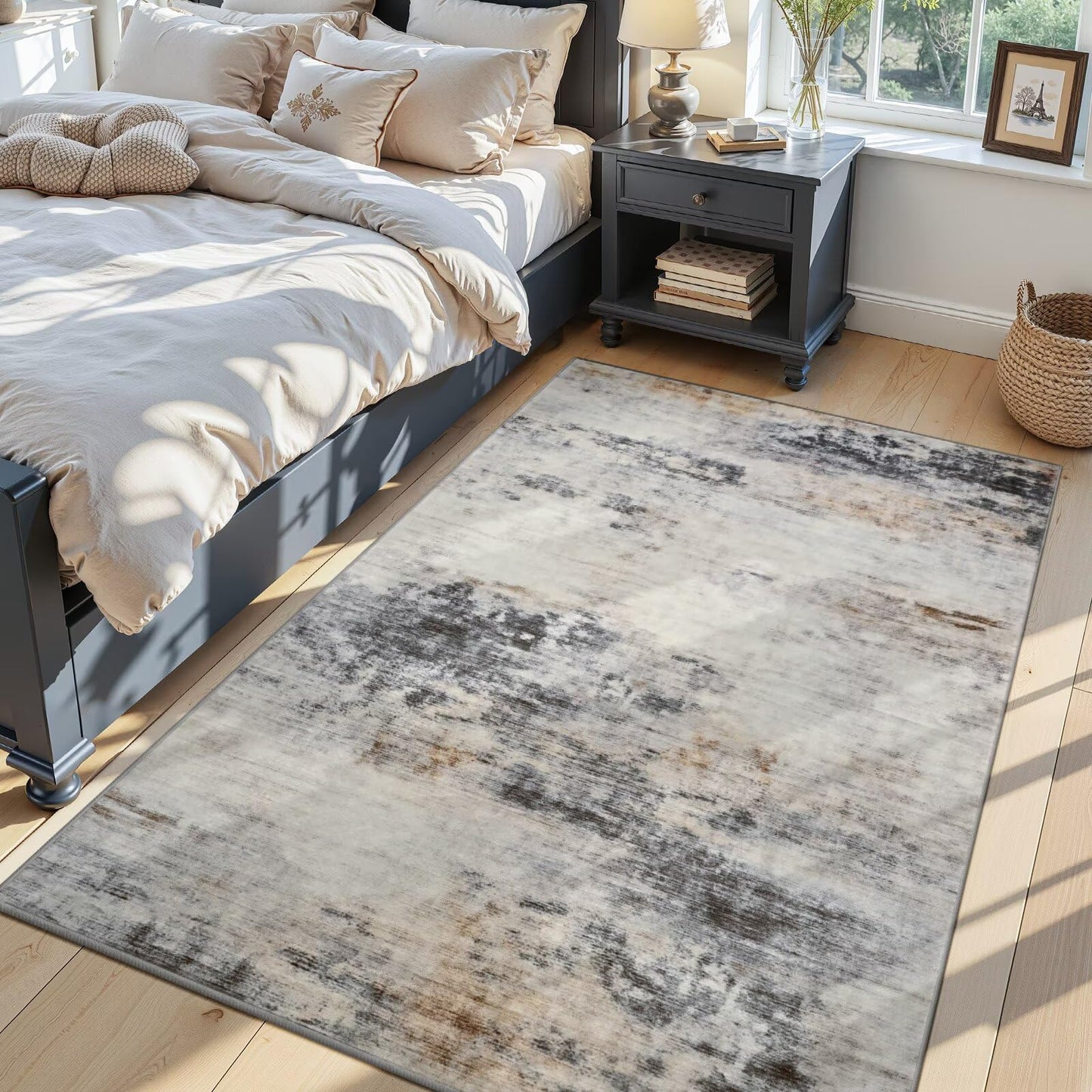 Toneed Abstract Area Rug Modern Washable Rug Soft Non Slip Rug Low Pile for Bedroom Living Room Dining Room Grey/Brown 4x6 Feet