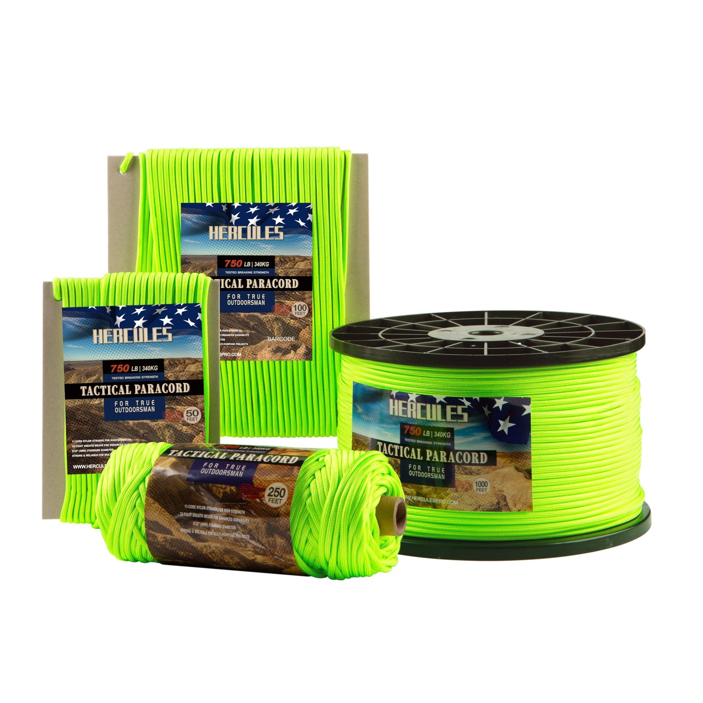 HERCULES 750lb Paracord 4mm 11 Strands Tactical Parachute Cord, 50' 100' 250' 1000' Utility Rope for Camping, Survival, Outdoor Gear (Neon Green, 50FT)