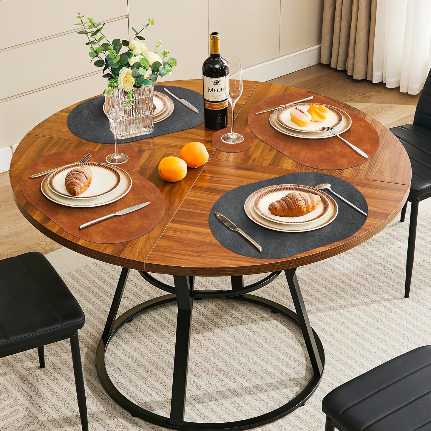 Pixieora Oval Placemats and Coasters Set of 8, Washable Reversible Faux Leather Placemats Cowhide Pattern Place Mats Wipeable Non-Slip 12 x 17 inch Kitchen Dining Table Mats (Gray Brown, 8)