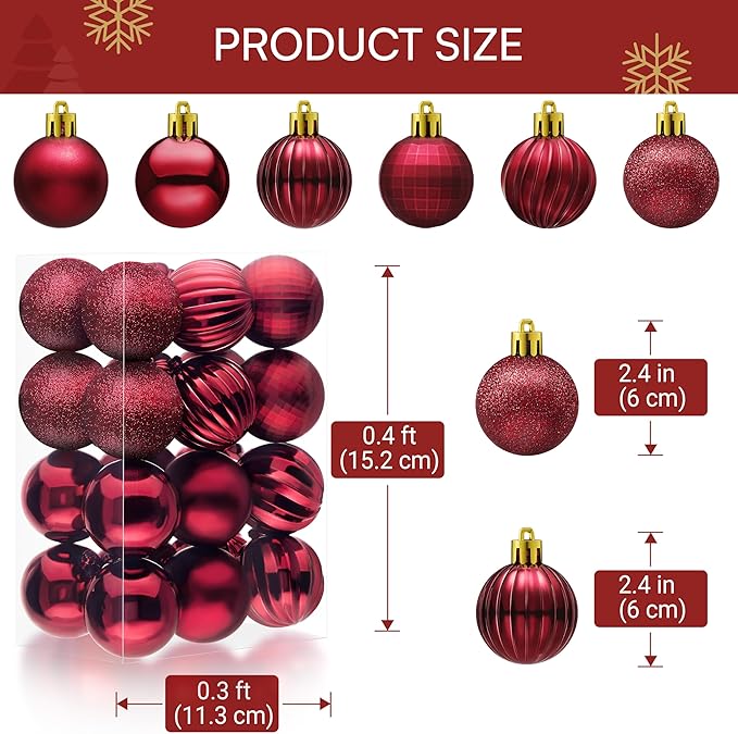 JOIEDOMI 24 Pcs Burgundy Red Christmas Balls Ornaments Set, 2.36" Christmas Tree Ornaments Shatterproof, Xmas Balls Hanging Decorations for Tree Wreath Garland Holiday Wedding Indoor Party Decor