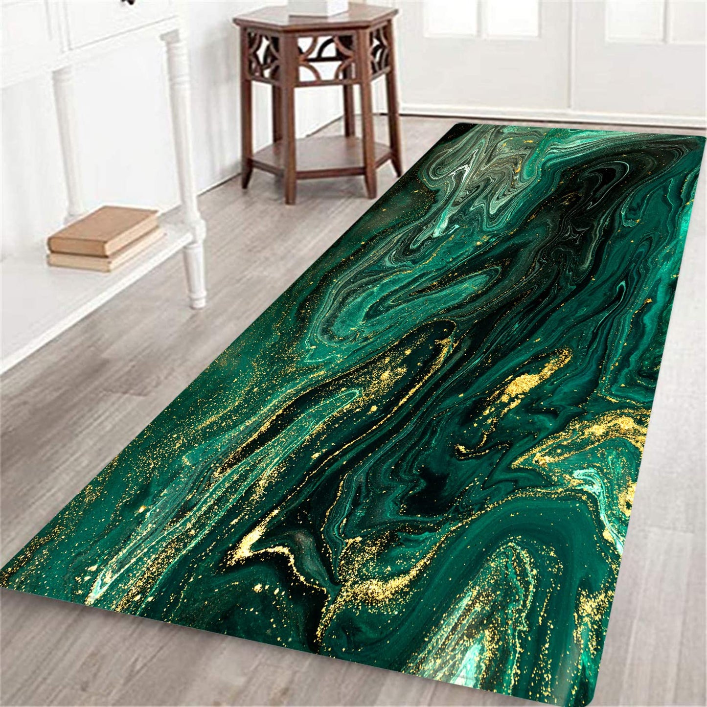 MATEKULI Long Runner Rug,Abstract Pour Painting Liquid Marble Dark Green Teal Painting Gold Accent Art Print,Non-Slip Floor Carpet Hallway Doormat Entrance Door Mats Washable Area Kitchen Rugs