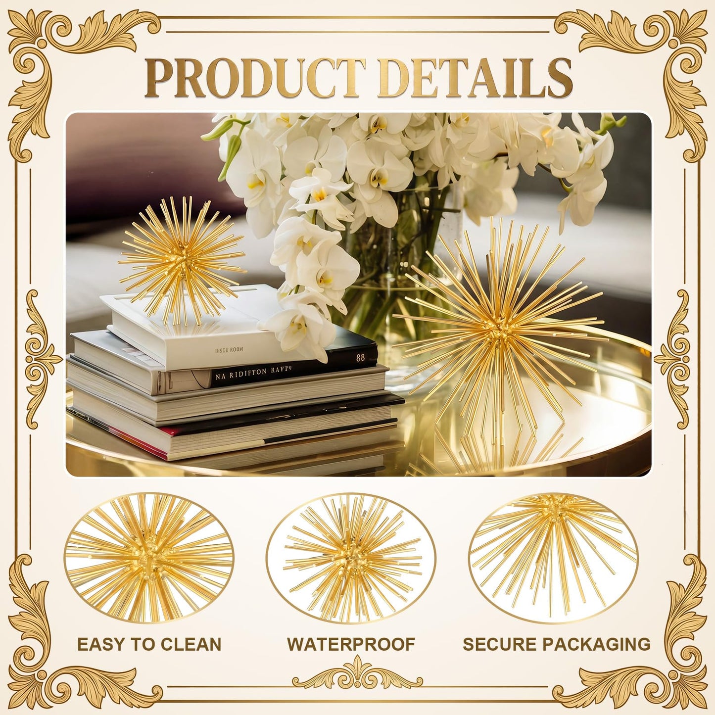 ElaraBerry 2 Pcs 4.2" and 6" Gold Sphere Decor, Metal Gold Starburst Tabletop Sculpture Decor, Modern Metal Starburst Centerpiece, Star Burst Ball Decoration for Home Decoration