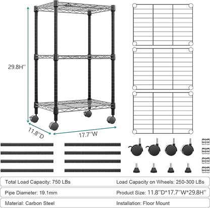 M MZG 3 Tier Shelf Metal Storage Shelves Wire Rack Closet Organizers with Wheel for Garage Kitchen Bathroom Laundry Black 11.8" D x 17.7" W x 29.8" H