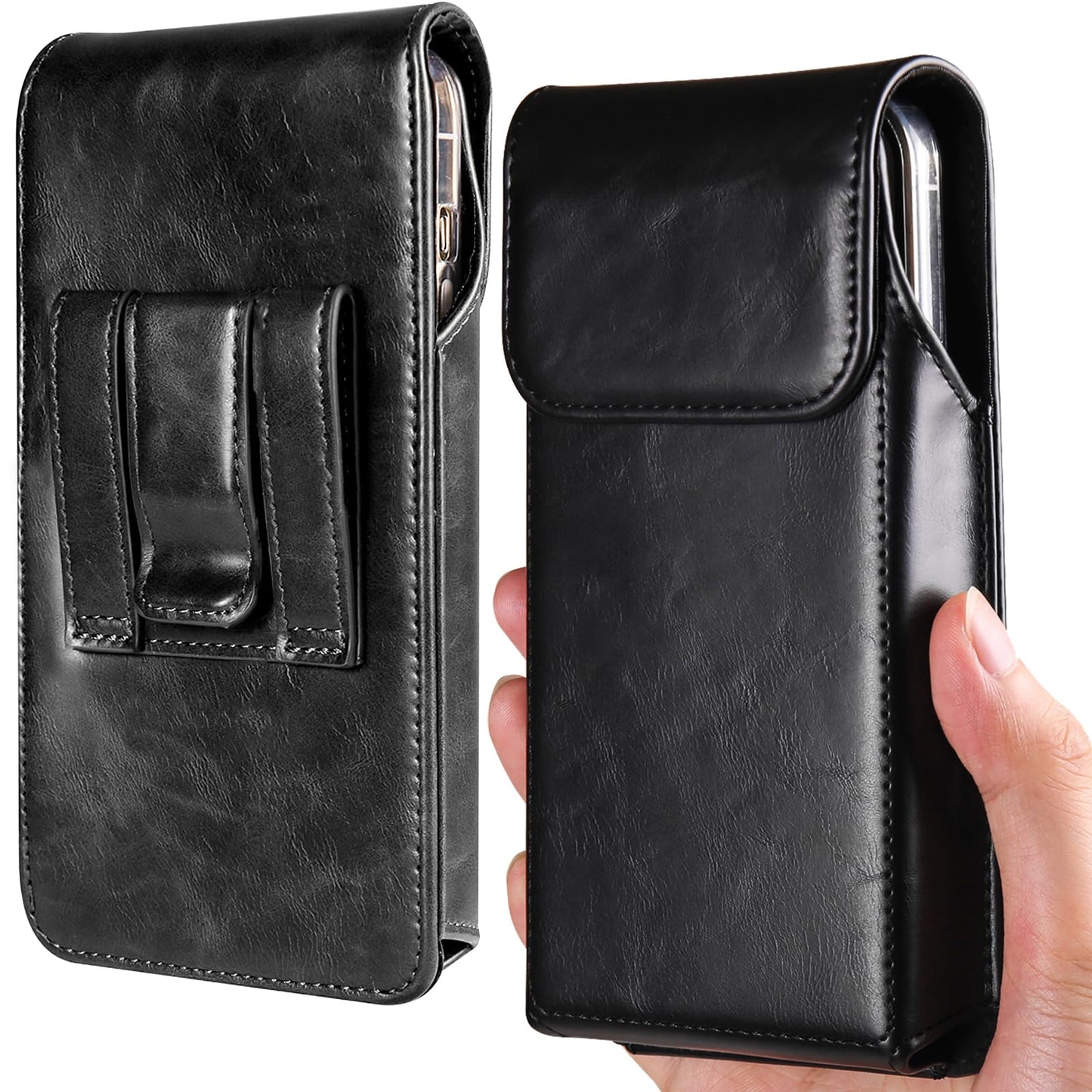 Miimall Cell Phone Holster for iPhone 17, 17 Pro 16, 16 Pro 15, 15 Pro 14, 14 Pro 13, 13 Pro 12, 12 Pro 11, 11Pro XR, Leather Cell Phone Belt Holder Pouch for Galaxy S26 S25 S24 S23 S22, Black-Medium
