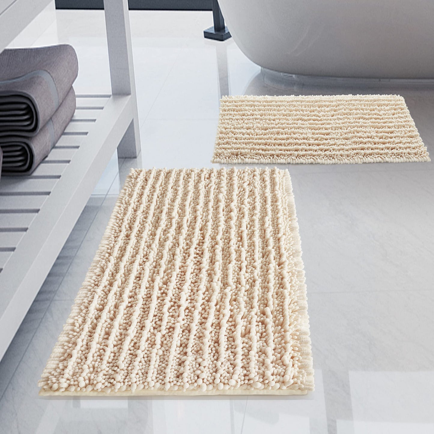 H.VERONNEX Luxury Chenille Cream Bathroom Rugs Sets 2 Piece, Thickened Hot Melt Rubber Bottom Bath Mats for Bathroom Non Slip,Bath Rugs Quick Dry Machine Washable for Shower Mat (32"x20"+17"x24")