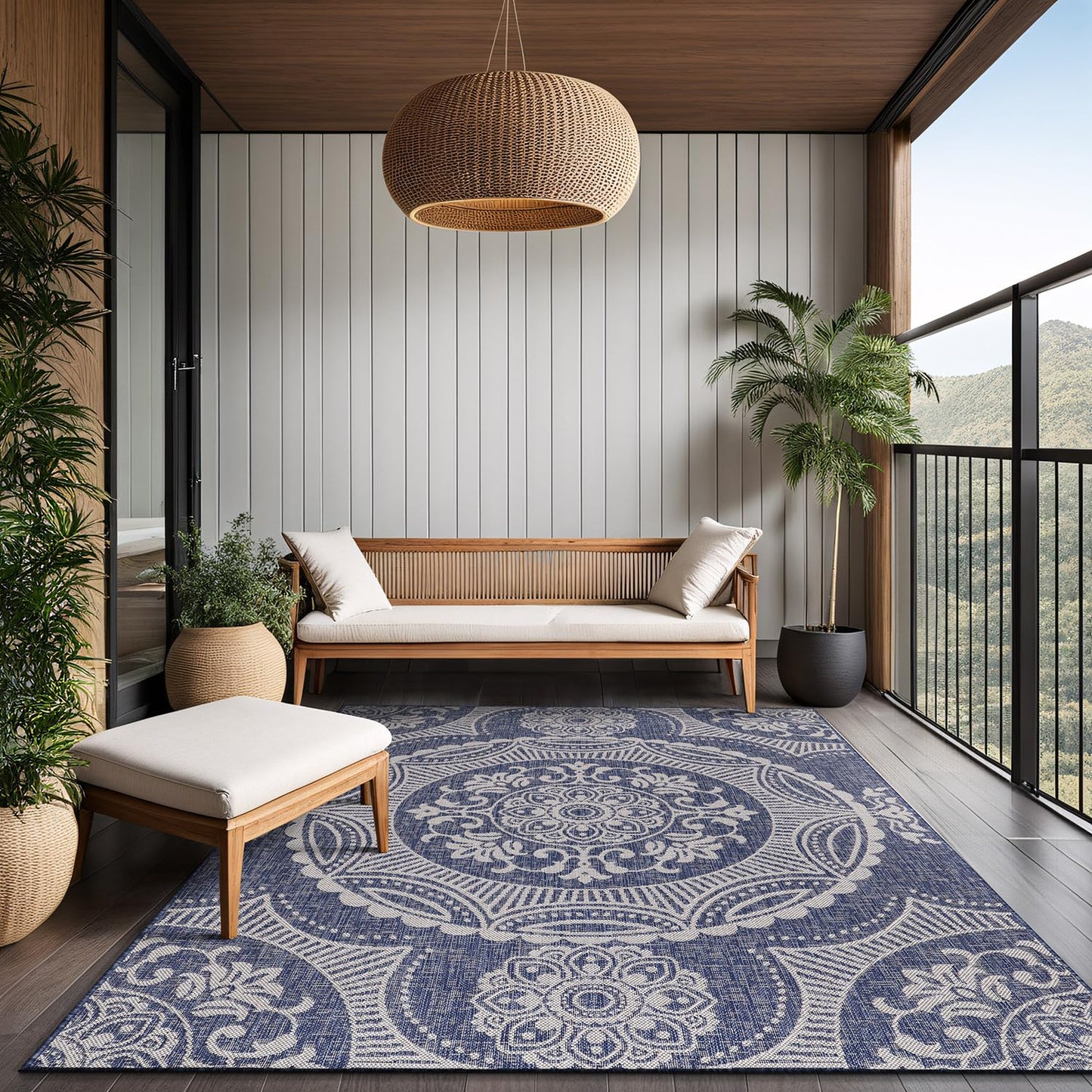 Luul Home Medallion Outdoor Rug 5x7 Washable Outside Carpet for Indoor Patio Porch Waterproof Easy Cleaning Non Shedding Area Rugs Blue 5 x 7