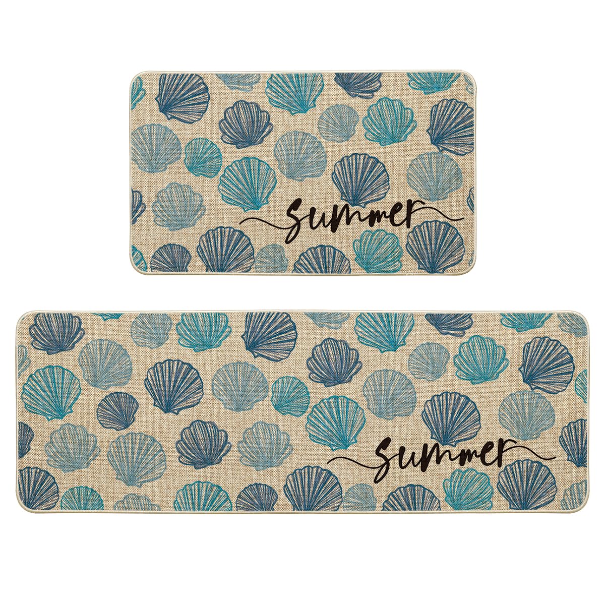 Artoid Mode Blue Shell Conch Summer Kitchen Mats Set of 2, Seasonal Sweet Home Decor Low-Profile Kitchen Rugs for Floor - 17x29 and 17x47 Inch