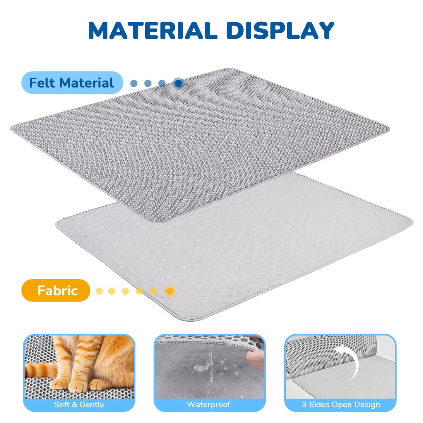 BurgeonNest Cat Litter Mat 47" x 35" Upgraded Felt & Fabric Material Cat Trapping Mat for Fewer Creases, Extra Large Hold 3-4 Litter Boxes Urine-Proof Non Slip, Machine Washable, Soft on Paws, Grey