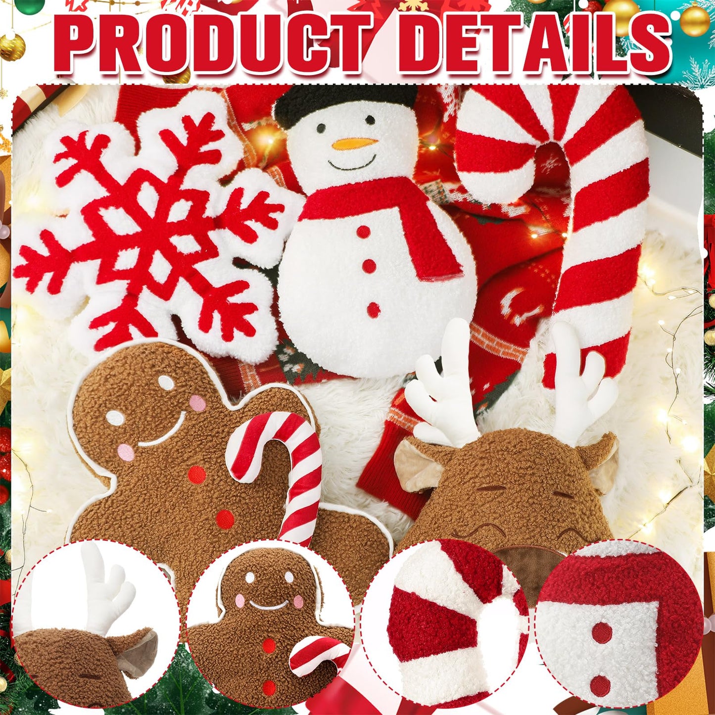 Seeloowy 5 Pcs Christmas Throw Pillows Xmas Tree Gingerbread Man Snowflake Pillows Red White Stripe Candy Cane Peppermint Shape Cushion Stuffed Christmas Decoration for Home Sofa Bed Couch Party