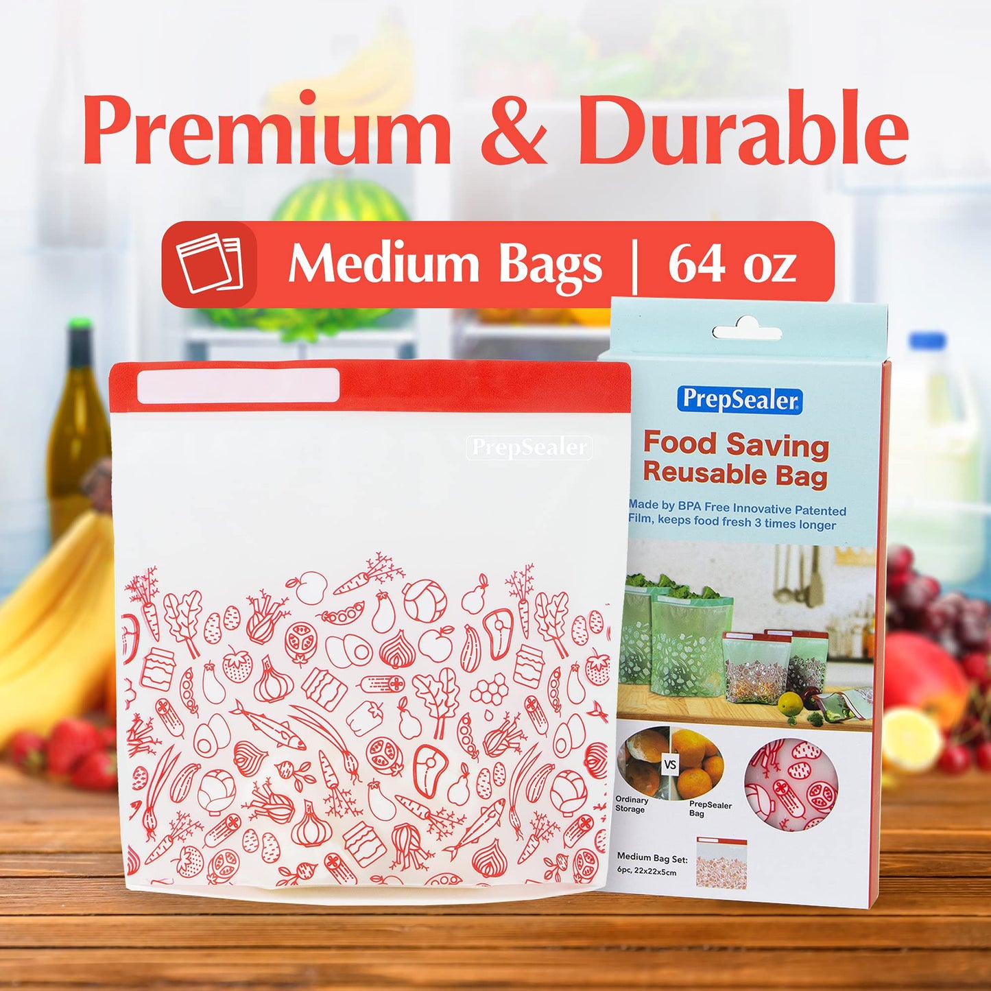 PrepSealer Reusable Food Storage Bags – Keep Fruits, Veggies & Meats Fresh Longer -10 Pieces (3 S, 3 M, 4 L)