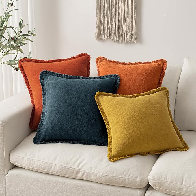 MIULEE Fall Decorative Throw Pillow Covers Neutral Linen Fringe Throw Pillows Set of 2 Burnt Orange Boho Farmhouse Cushion Covers with Tassels for Couch Sofa Bed Living Room Home Decor 18x18 Inch