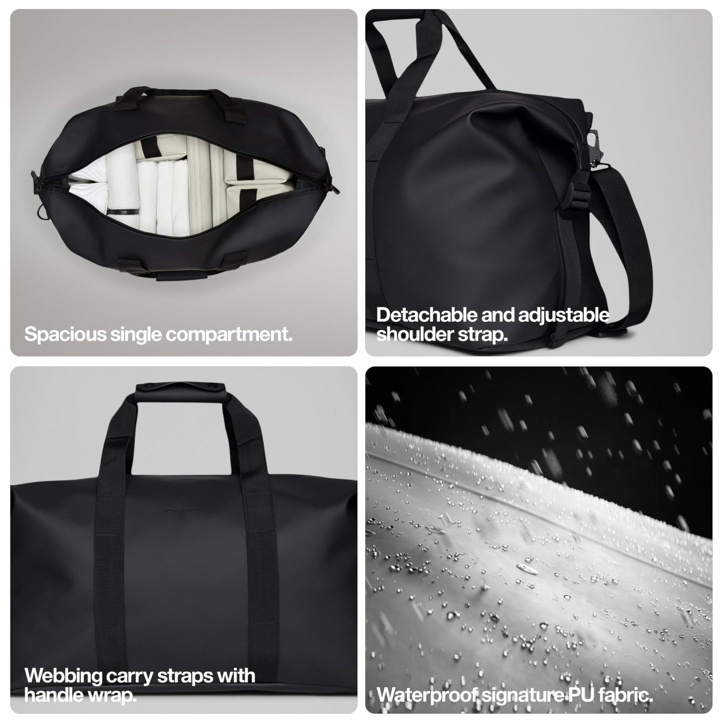 RAINS Hilo Weekend Bag Small - Black Waterproof Travel Duffel for Men and Women, Gym Carry On With Coated Zip, Shoulder & Compression Straps