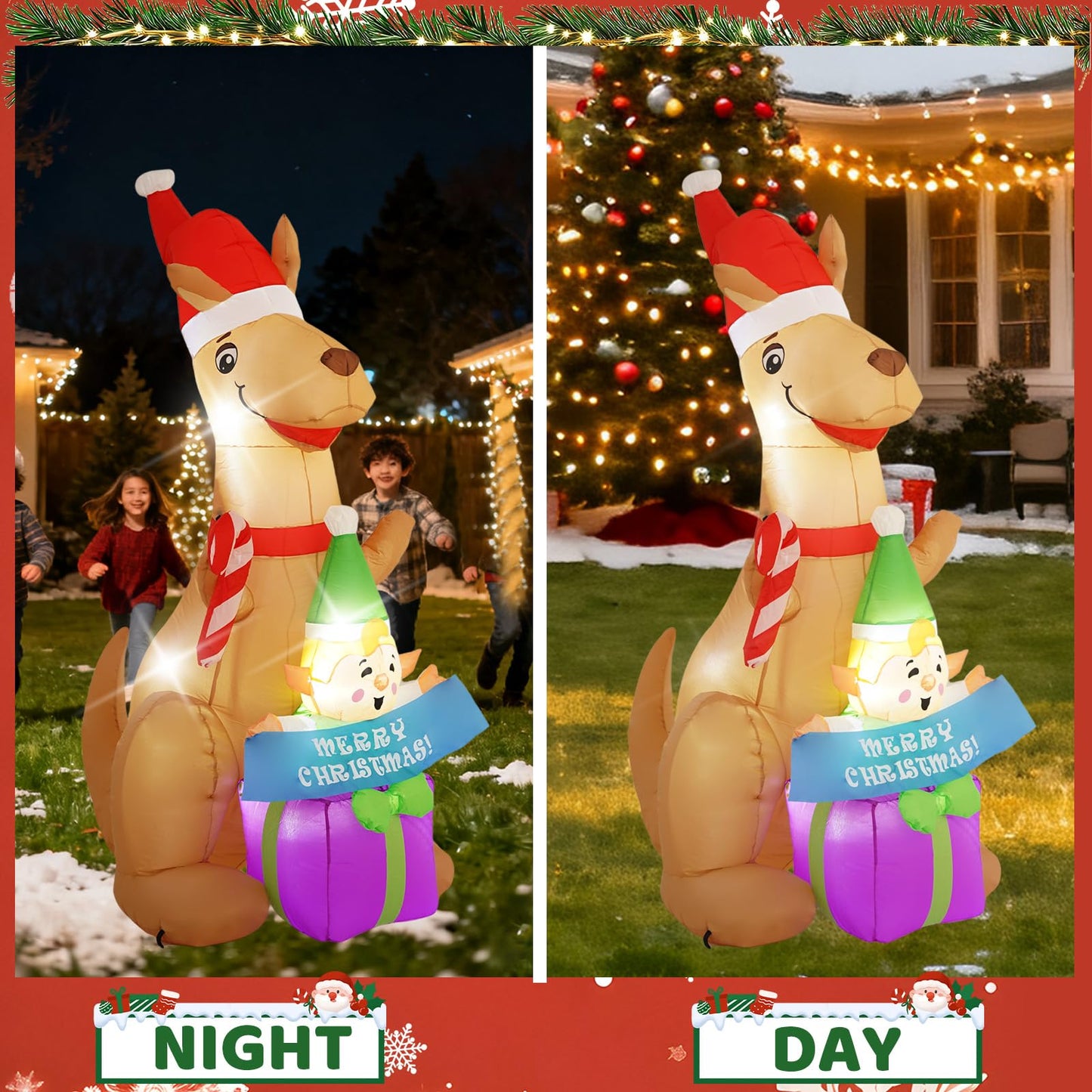 InfleasJoiy 6FT Kangaroo Afu Inflatable Decoration with Built-in LED Lights, Christmas Outdoor Inflatable Decoration for Lawns, Yards, Gardens, and Patios