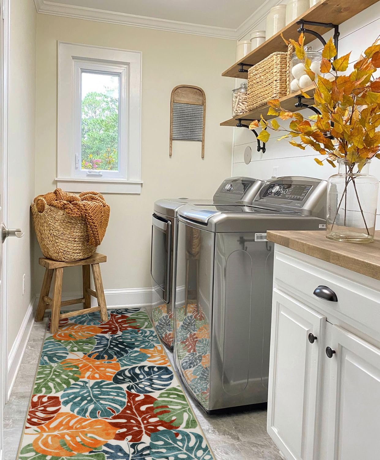 Wonnitar Tropical Washable Runner Rug 2x6, Non-Slip Colorful Leaf Runner Rugs for Kitchen, Low Pile Coastal Soft Bathroom Carpet Floor Throw Mat for Laundry Room Entrance Hallway