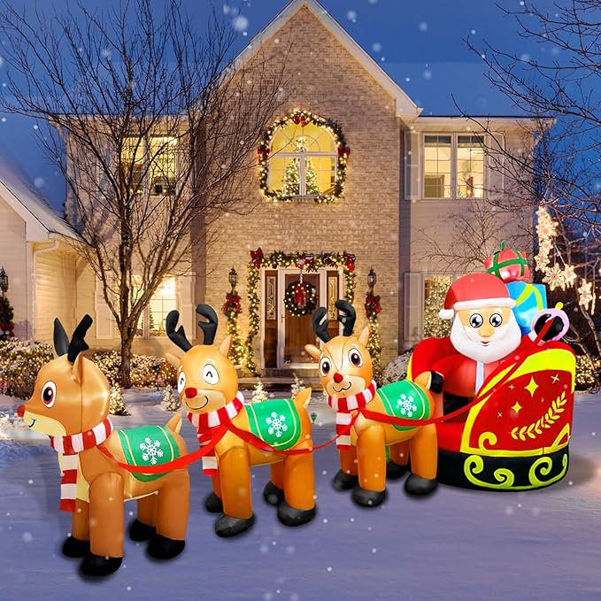 Giant Inflatable Outdoor Decoration Santa Claus on Sleigh with 3 Reindeer, Built-in LED Light, Christmas Decorations for Lawn Party Holiday